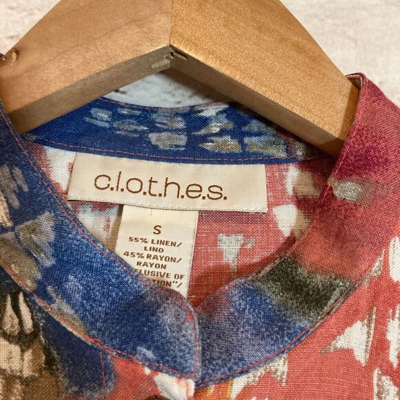 c.l.o.t.h.e.s. Tunic Top Womens Small Linen Watercolor Mandarin Collar Boho - Picture 5 of 13